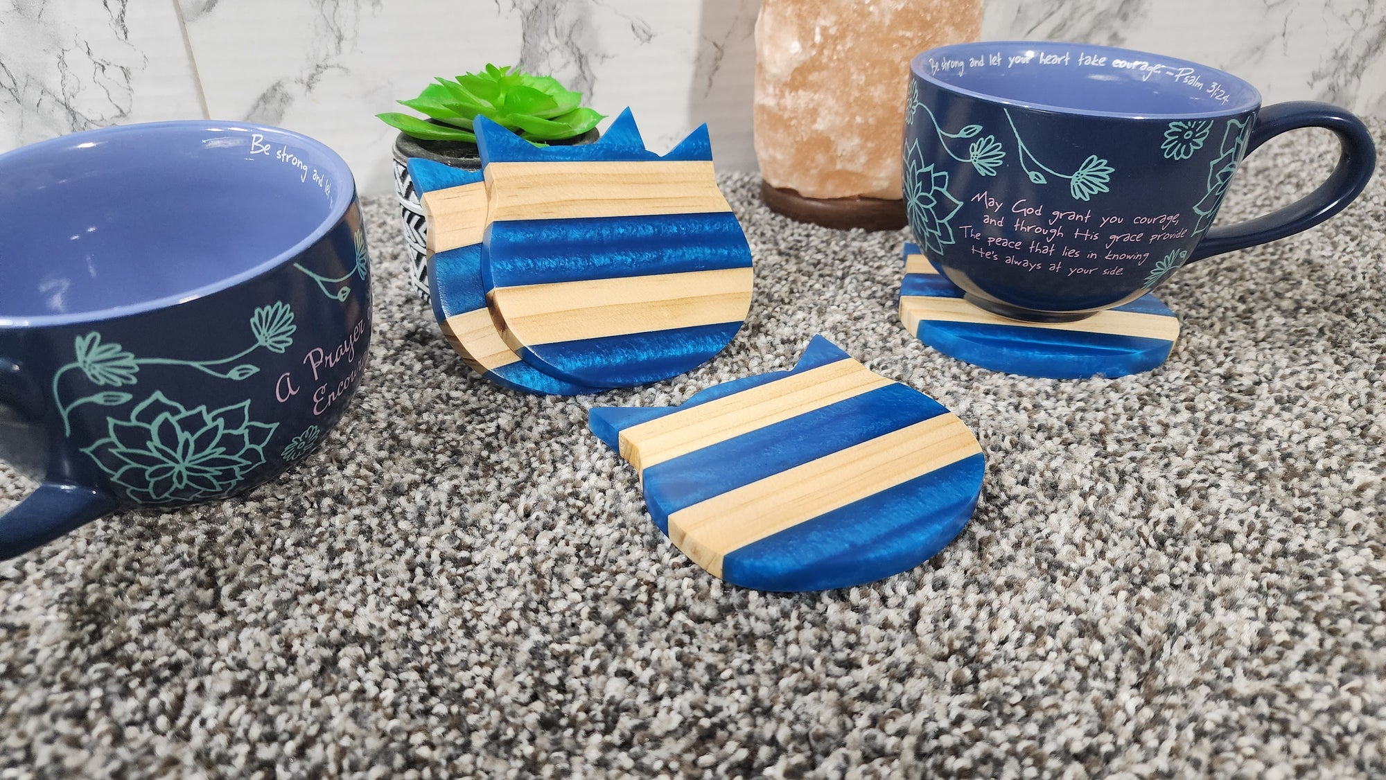 Epoxy and Wood  Kitty Coasters Set of 4 Cobalt Blue / Resin Cat Epoxy Coasters