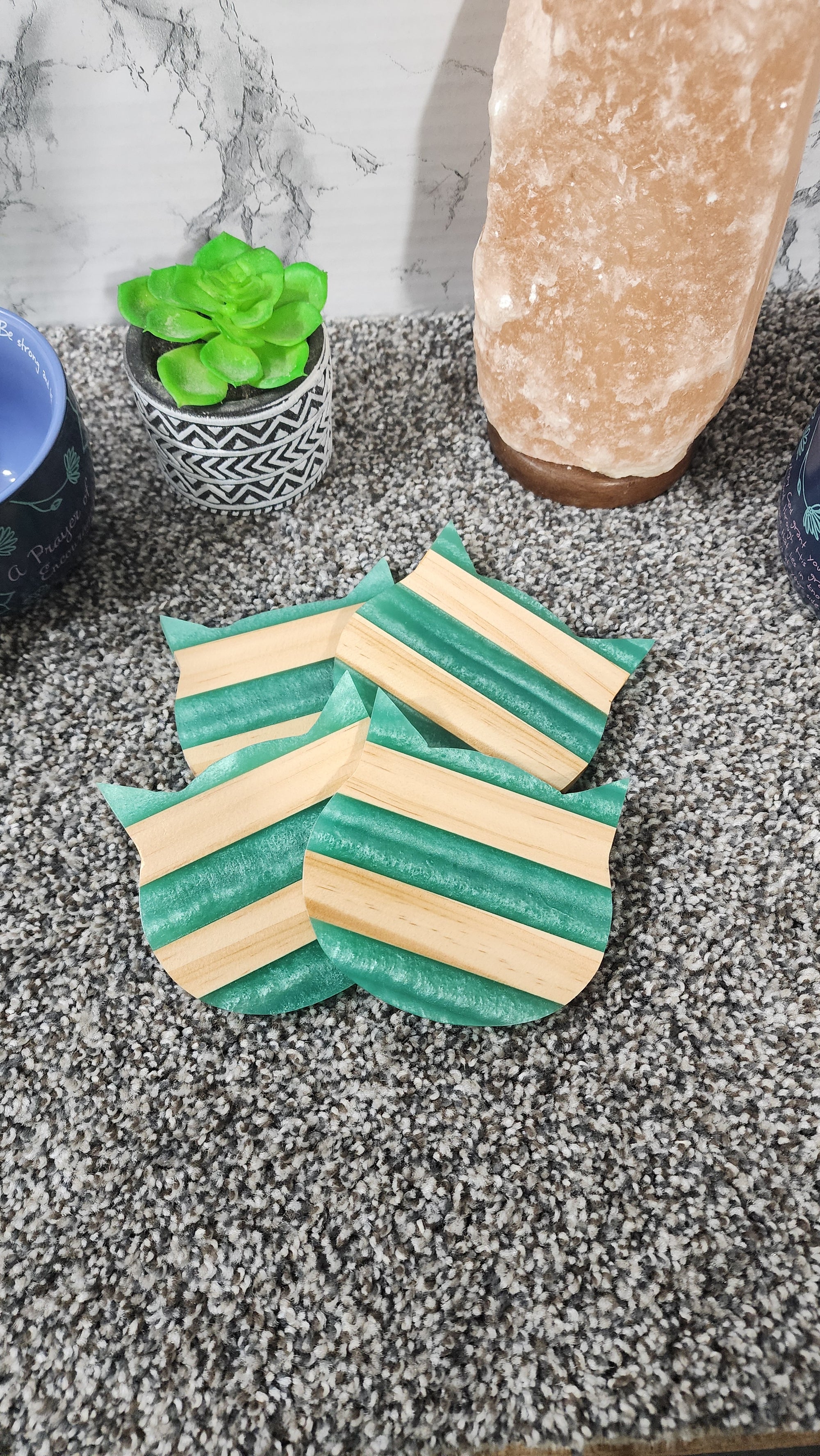 Epoxy and Wood  Kitty Coasters Set of 4 Turquoise / Resin Cat Epoxy Coasters