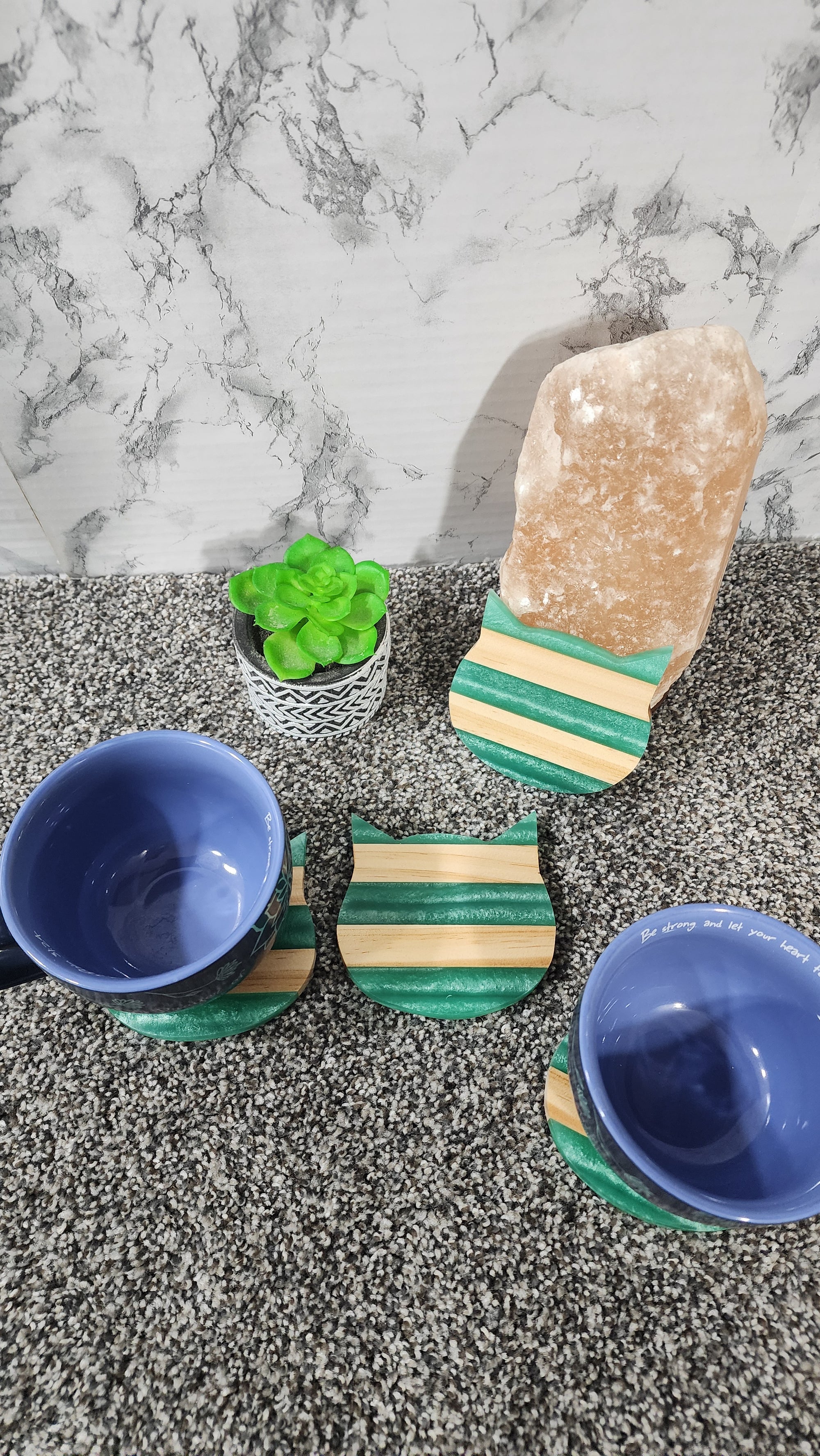Epoxy and Wood  Kitty Coasters Set of 4 Turquoise / Resin Cat Epoxy Coasters