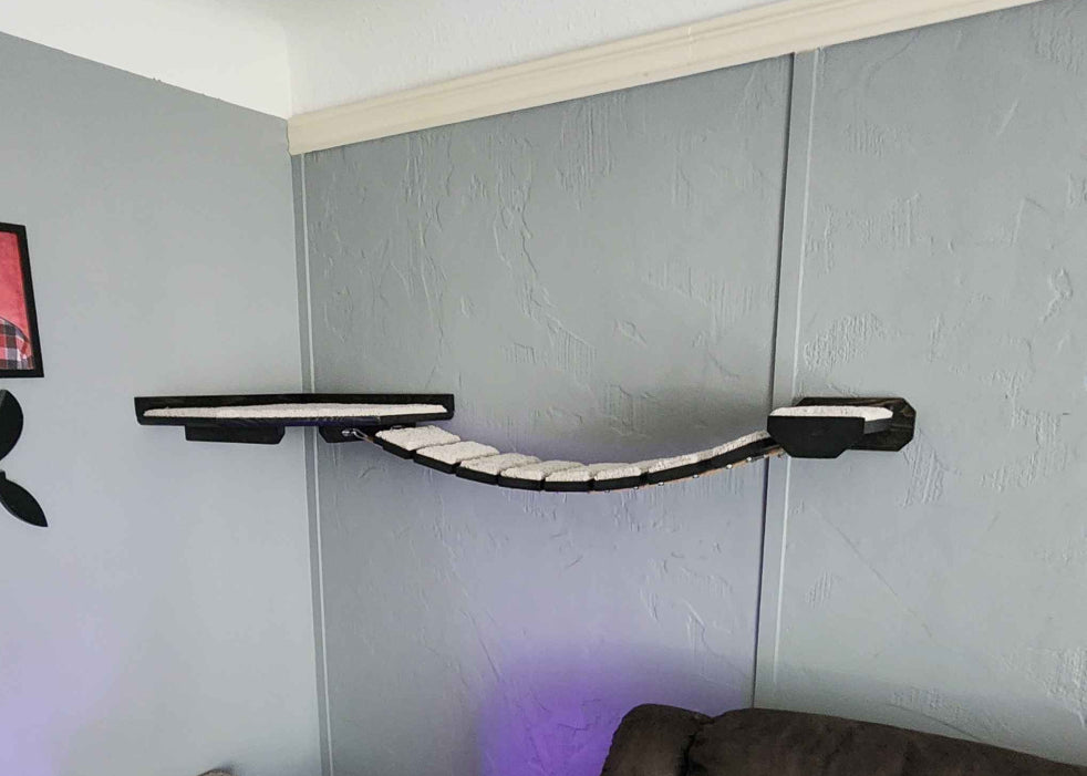 Deluxe Corner Cat Shelf/Bridge Combo Customizable / Hemp Rope and Wood Cat Bridge