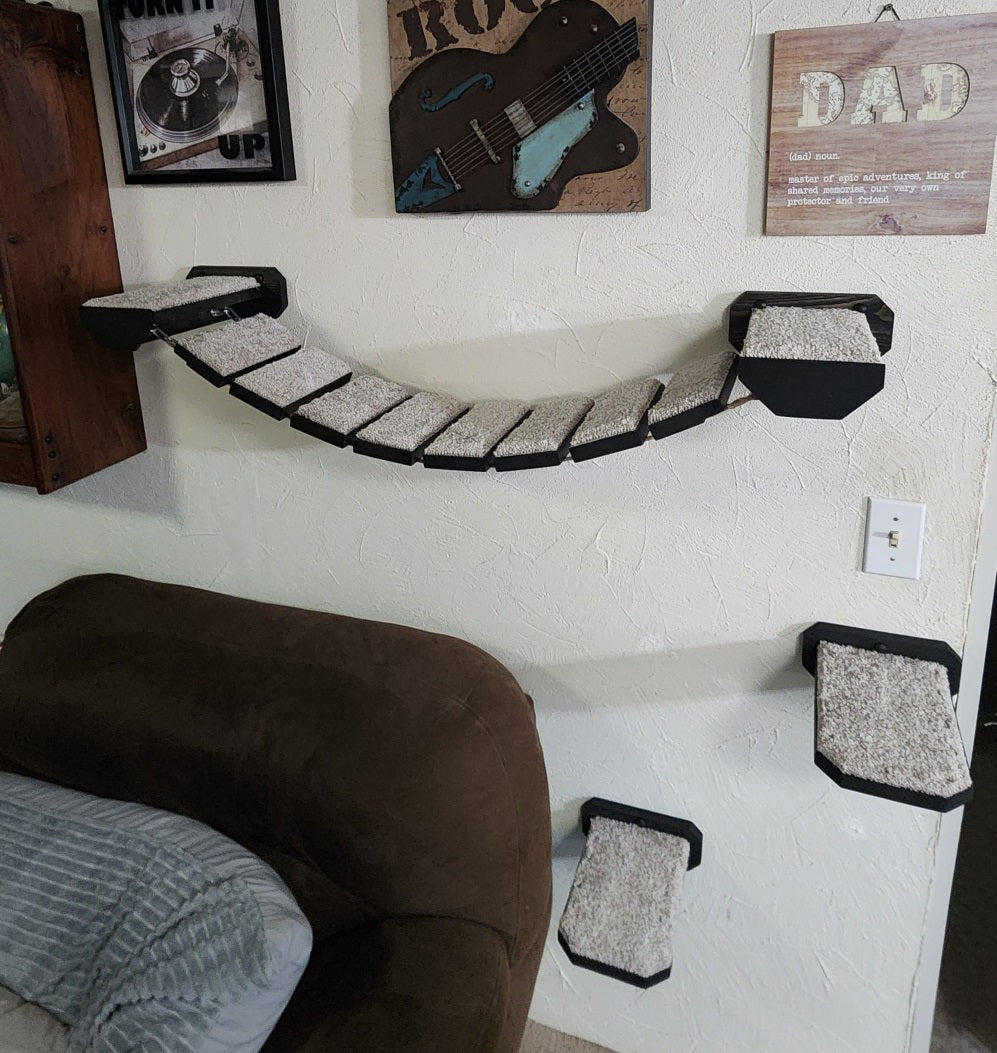 45" Long Cat Bridge Combo w/ 2 Steps / Hemp Rope and Wood Cat Bridge for Climbing and Playing